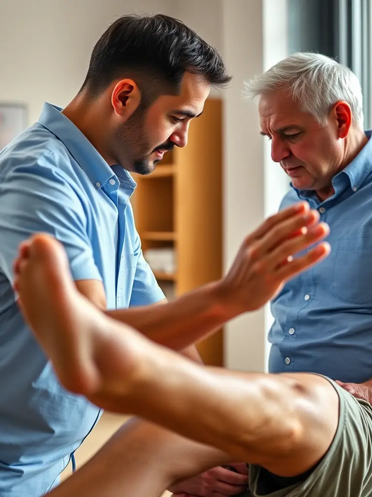 A physical therapist working closely with a patient on a rehabilitation exercise in a well-equipped clinic, focusing on sports injury rehabilitation.