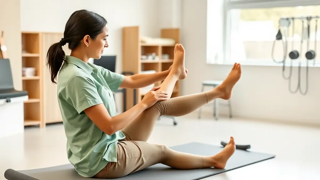 female seated demonstrating movements of left leg in motion