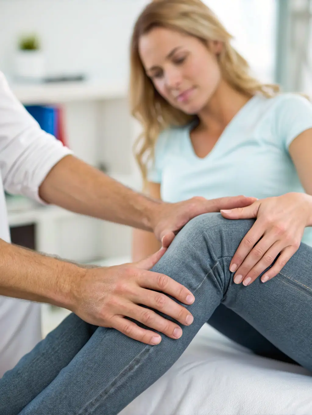 Physical therapist examining a patient's knee while the patient sits on a treatment table in a clinical setting.